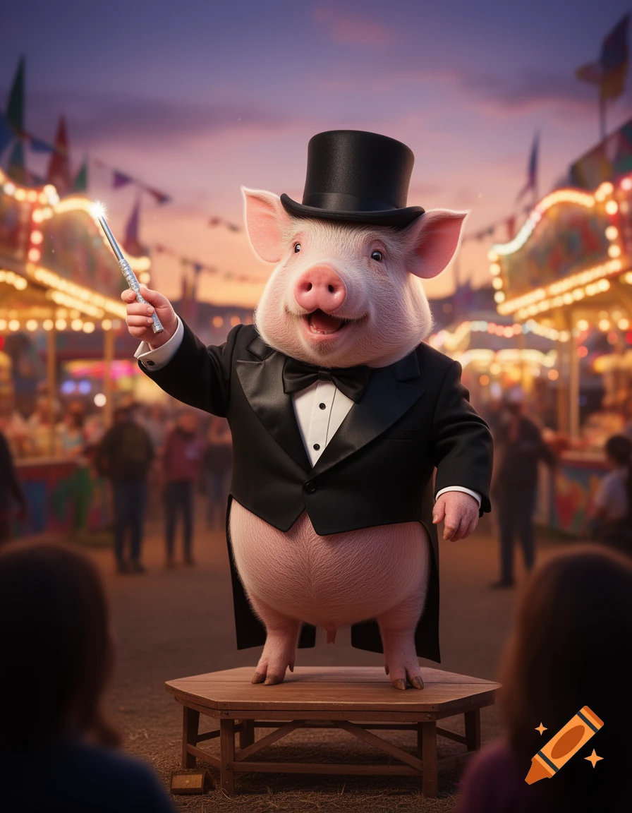 A photorealistic pig dressed in a tuxedo and top hat, holding a magic wand, stands on a platform at a bustling carnival.