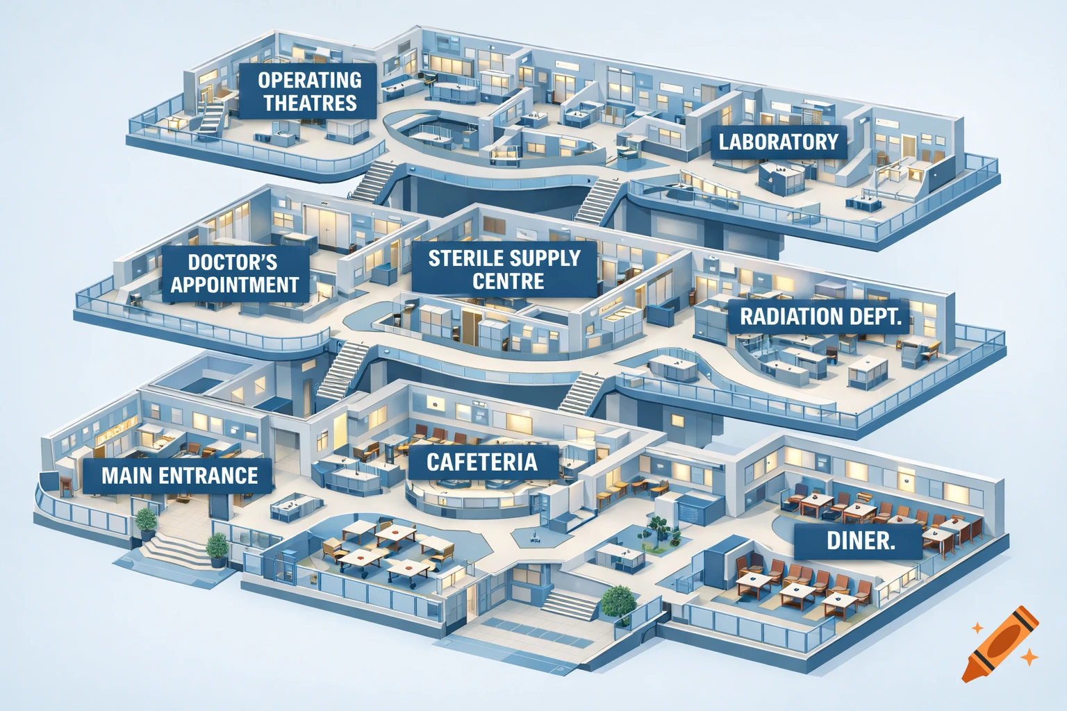 An isometric illustration of a multi-floor hospital floor plan, detailing areas like operating theatres, laboratory, doctor's appointments, cafeteria, and a main entrance.
