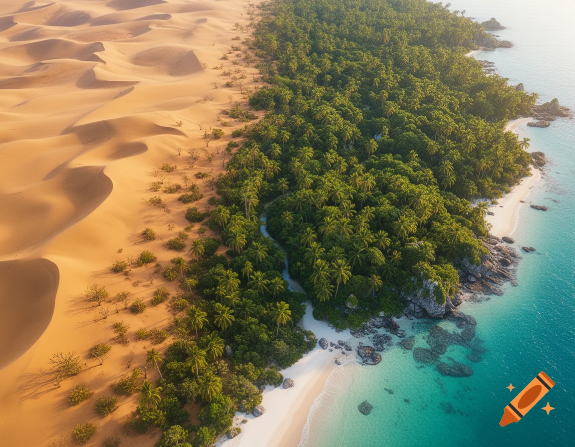 Aerial view of a vibrant landscape where a golden desert with sand dunes meets a lush tropical forest, white beach, and turquoise ocean.