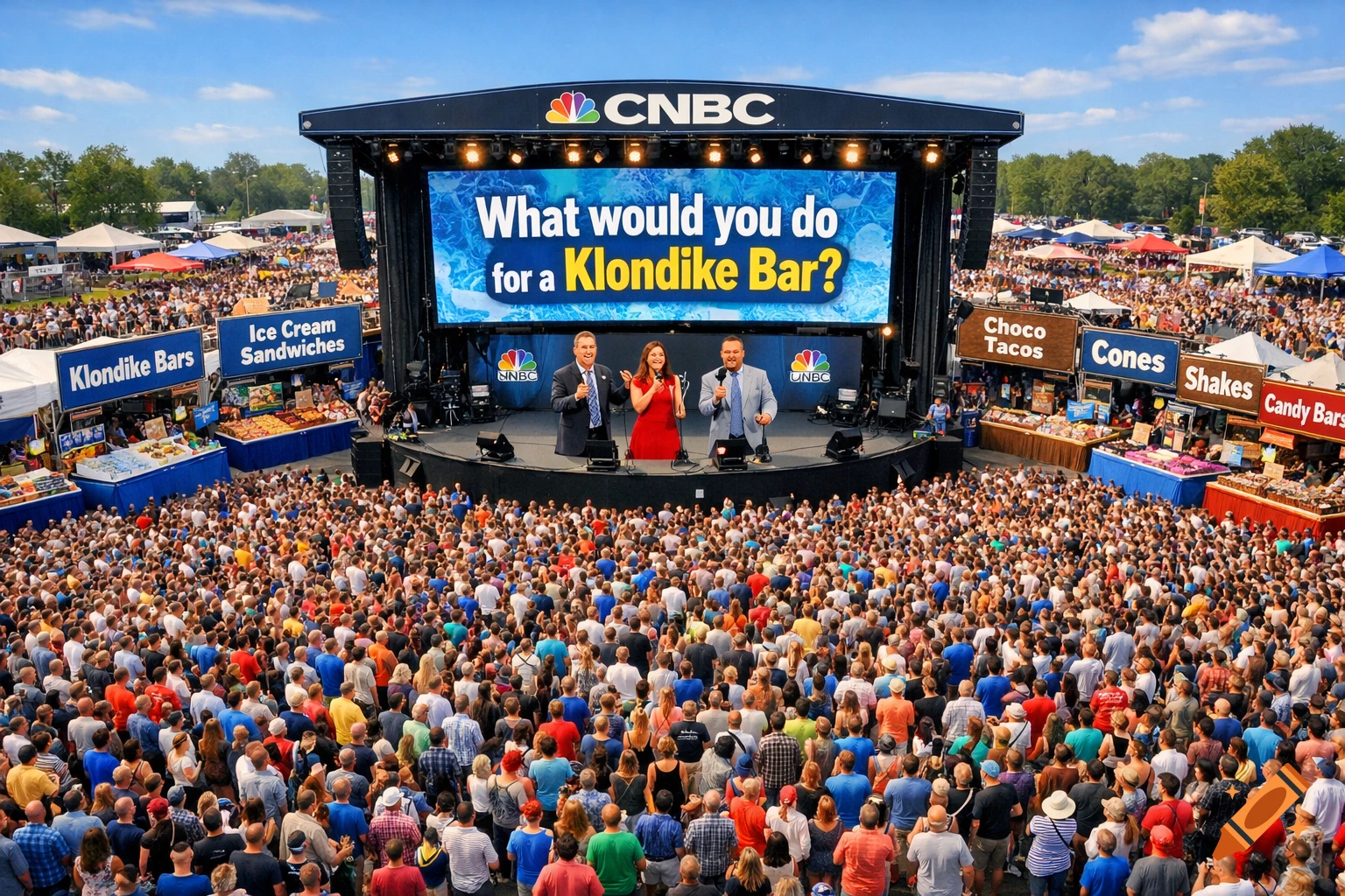 A large crowd at an outdoor event with a stage showing CNBC hosts and "What would you do for a Klondike Bar?" on screen. Food stalls are visible.