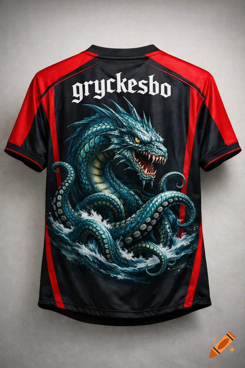 A black and red football shirt featuring a teal sea monster with tentacles rising from waves, with 'gryckesbo' text on the back.