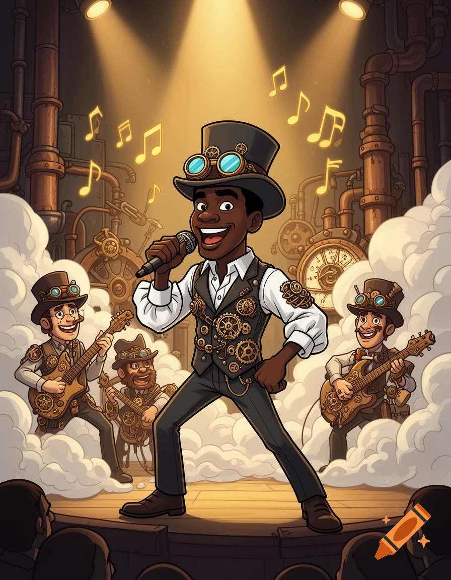 A cartoon steampunk band with a black lead singer and guitarists performs on a stage decorated with industrial pipes and gears.