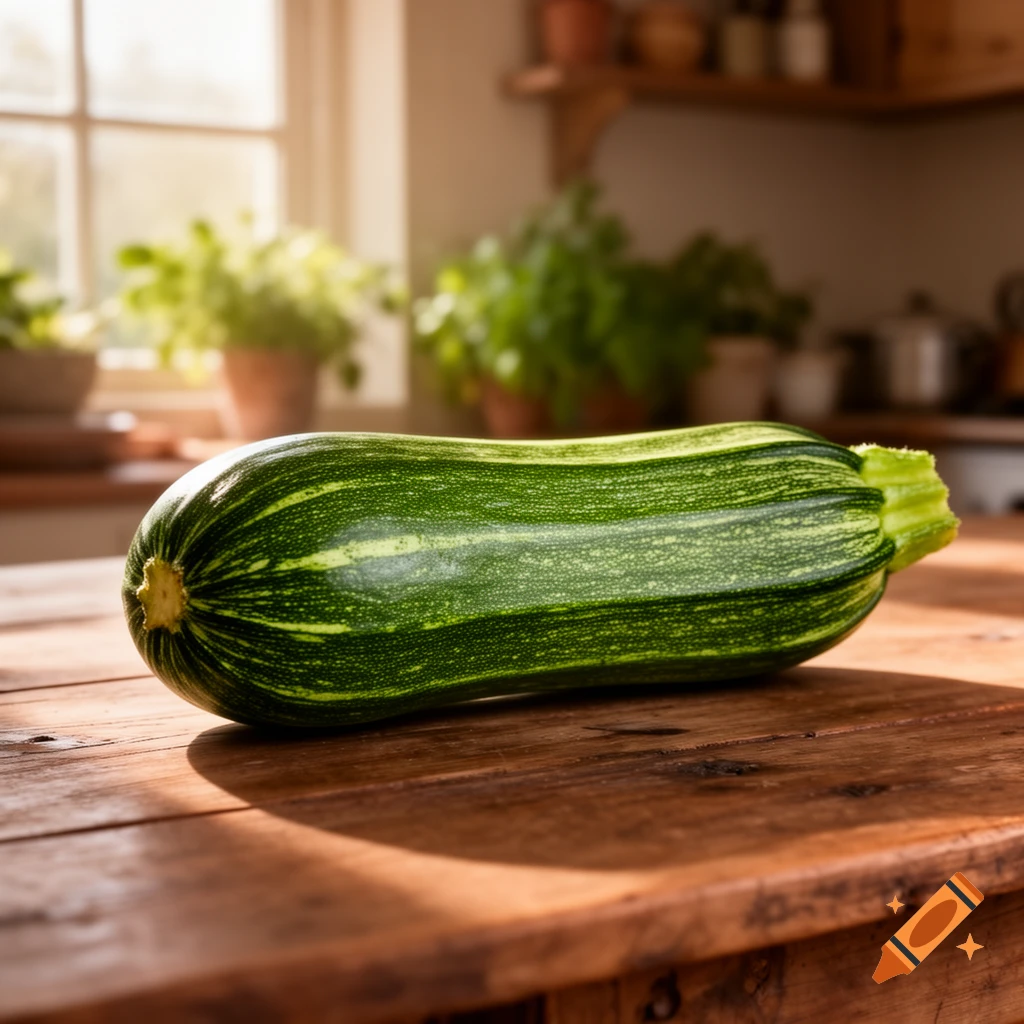 A vibrant green zucchini rests on a rustic wooden table in a sunlit kitchen.