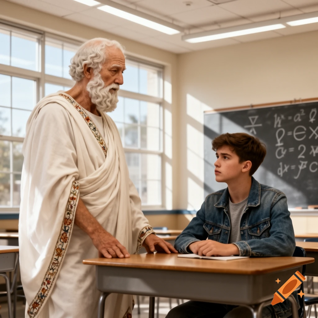 Socrates stands over a high school student in a classroom with a blackboard in this photorealistic image.