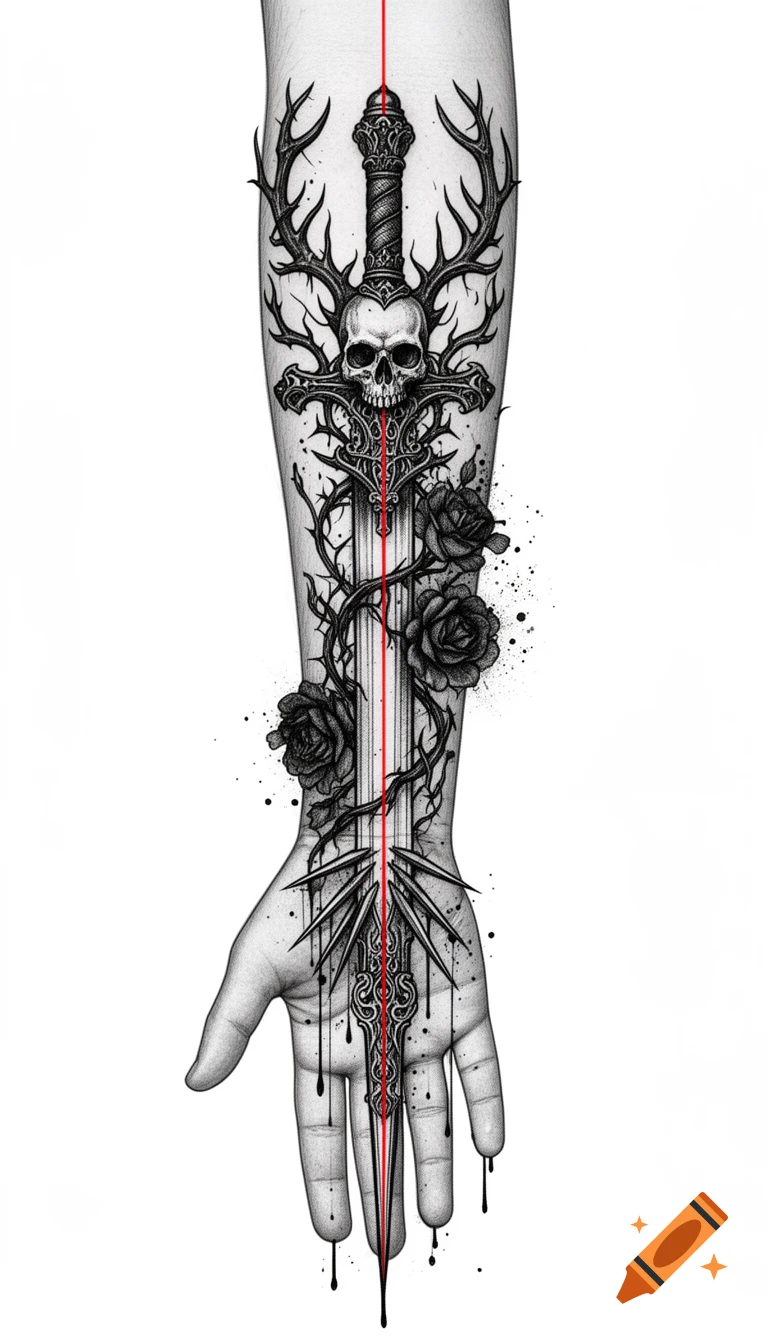 Detailed blackwork tattoo design on a forearm, featuring a gothic sword, skull with antlers, thorny vines, black roses, and ink drips, with a red vertical line.