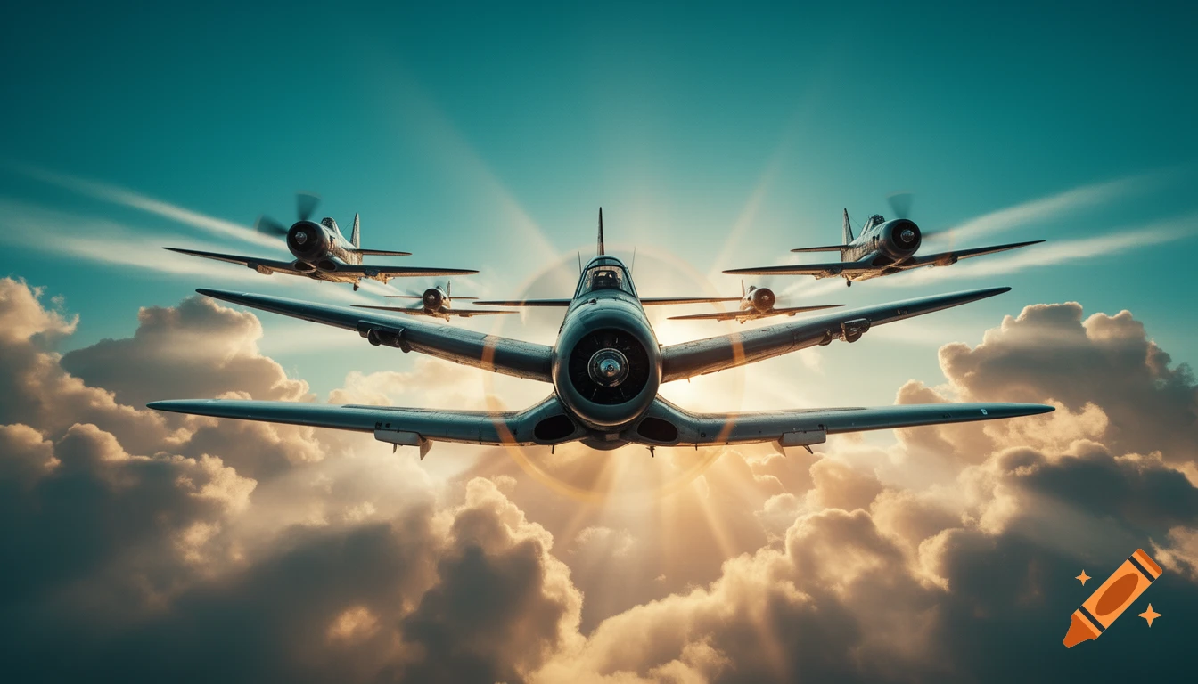 Ultra-realistic cinematic image of five WWII Grumman F4F Wildcat aircraft in V-formation through a golden hour sky.