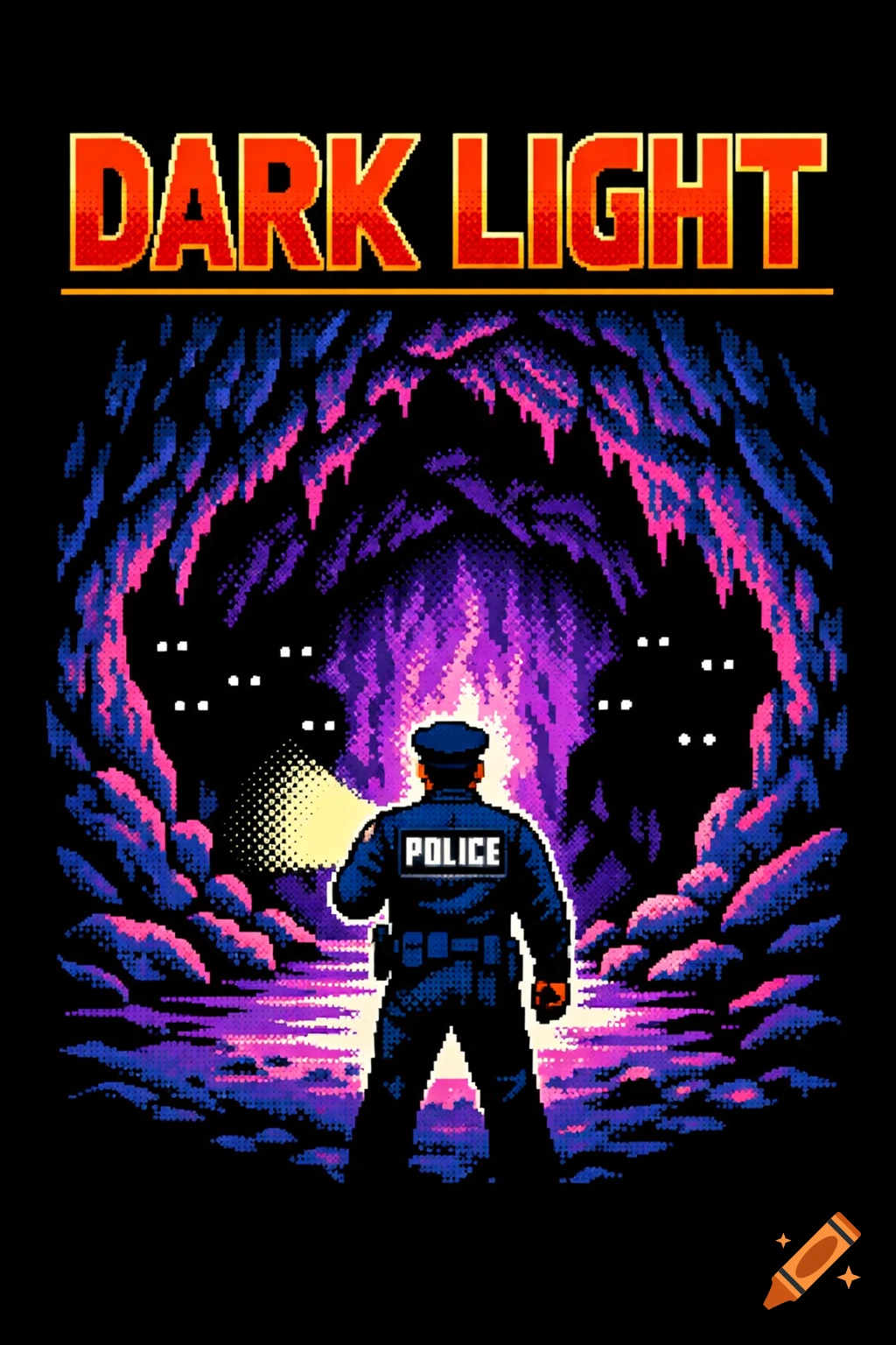 Pixel art of a police officer with a flashlight facing glowing purple energy and shadowy figures in a dark cave. Text reads 'DARK LIGHT'.