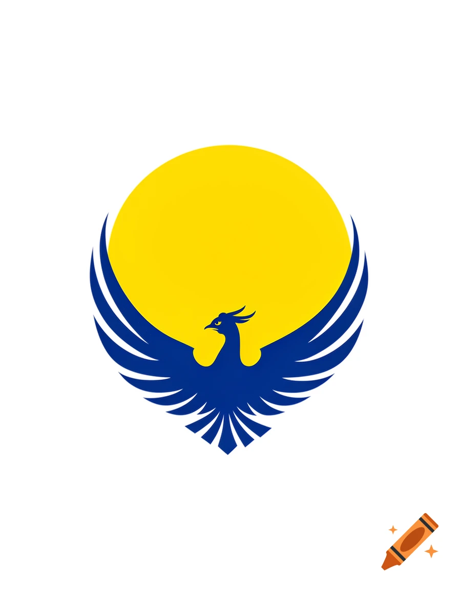 A stylized blue phoenix with outstretched wings rises from a yellow circle against a white background, in a flat vector style.