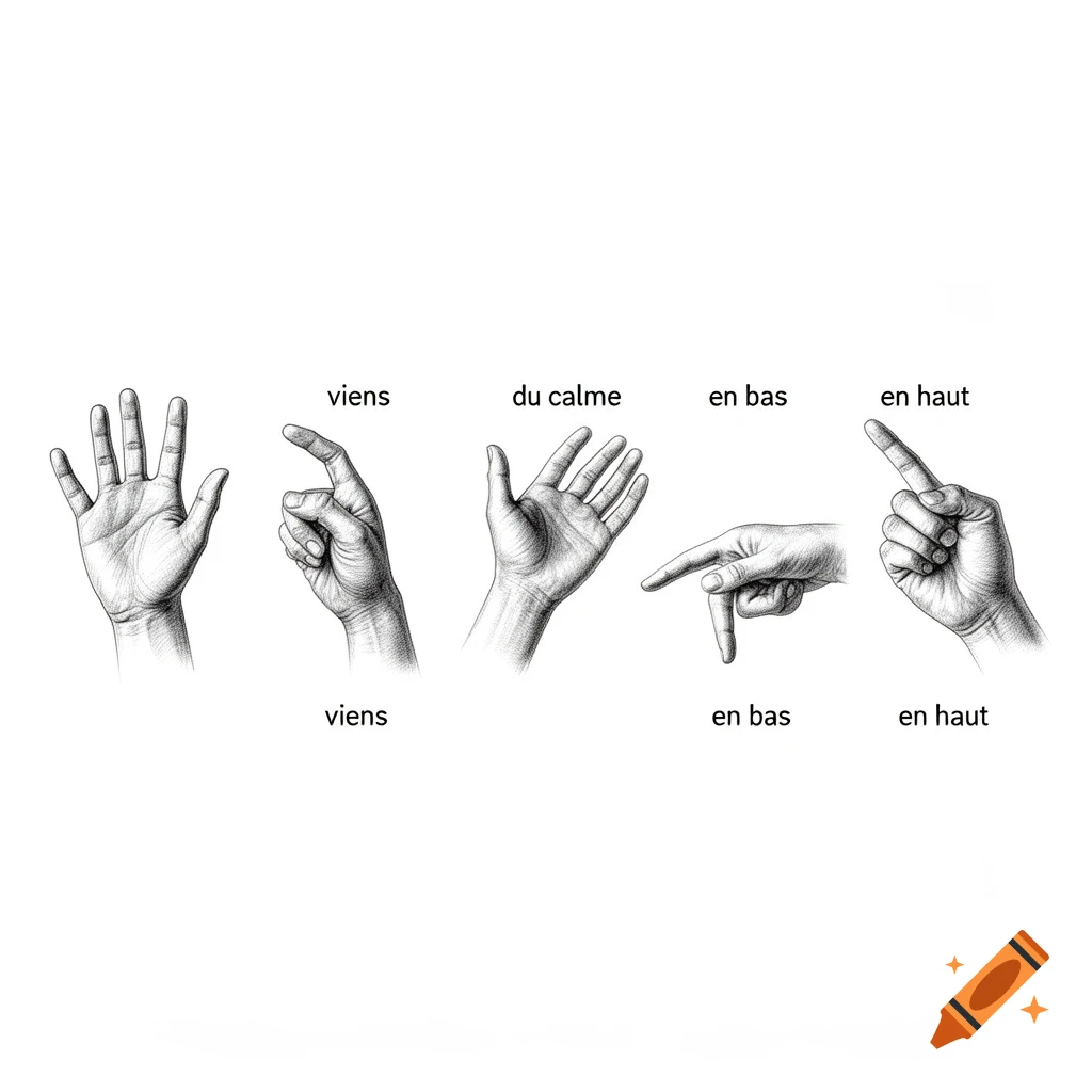 Five black and white sketched hands showing different gestures with French labels like "viens," "du calme," "en bas," and "en haut" on a white background.