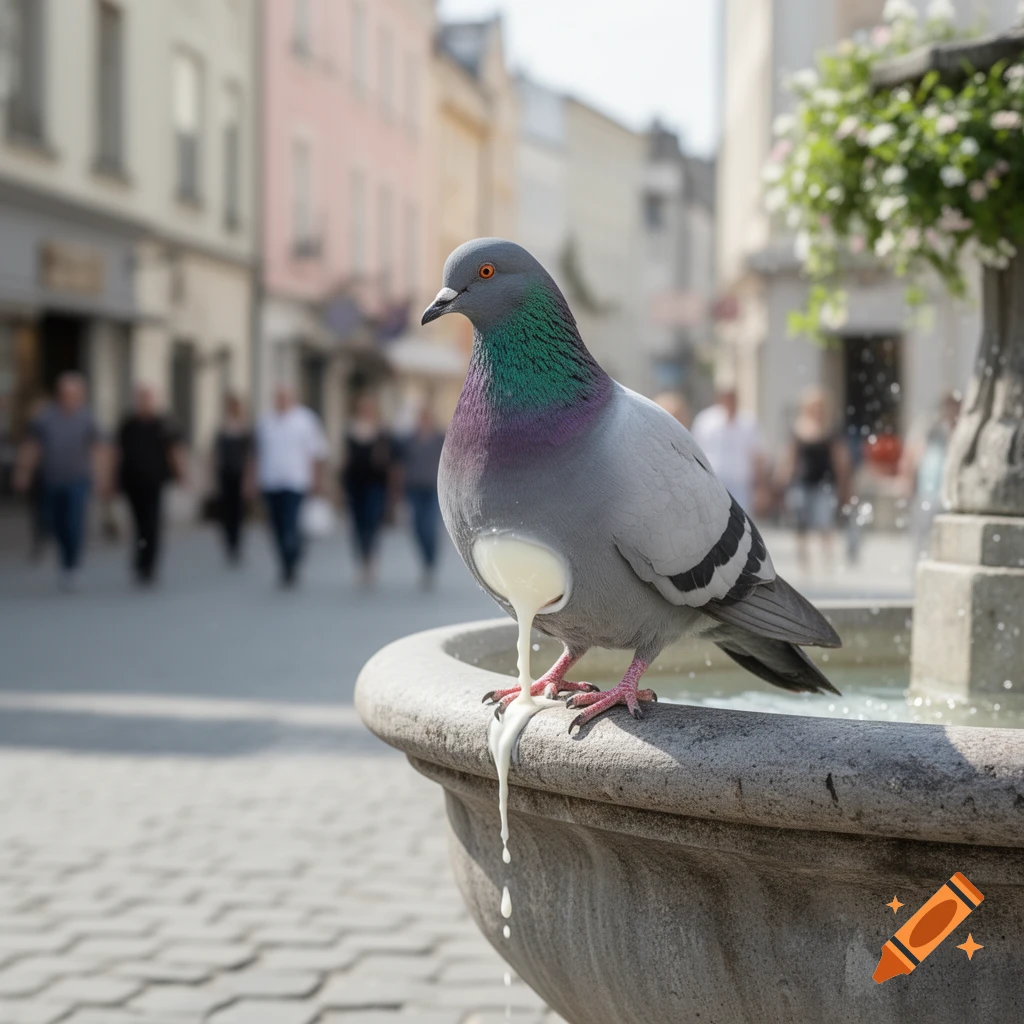 Photorealistic image of a pigeon with white liquid dripping from its belly, perched on a stone fountain in an urban street.