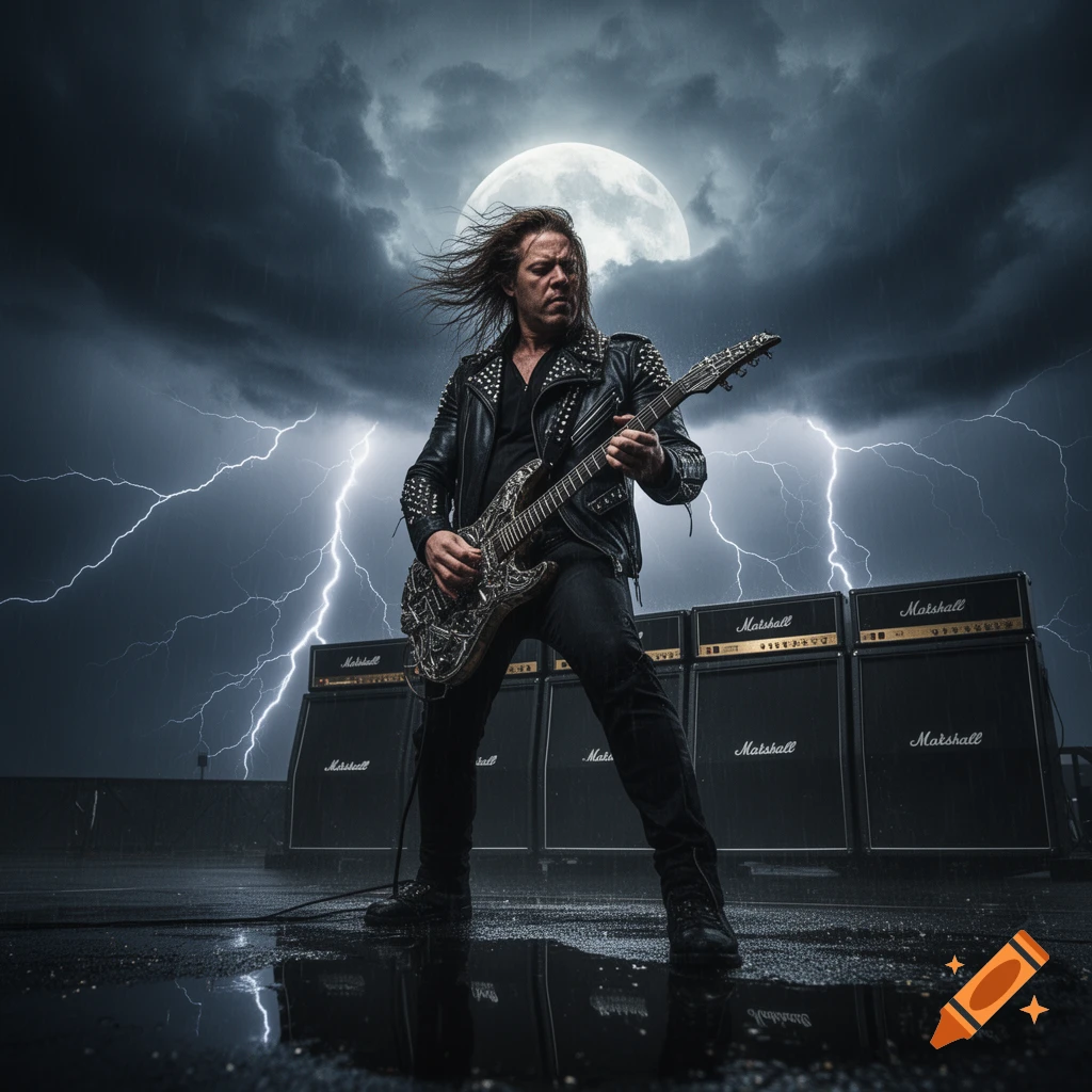 A metal guitarist in a studded jacket plays an electric guitar in the rain, under a stormy full moon sky with lightning, surrounded by Marshall amps.