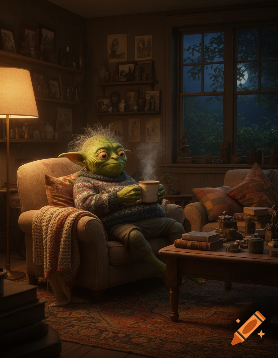A Yoda-like creature in a cozy sweater sits in an armchair, holding a steaming mug in a dimly lit room with a moonlit window.