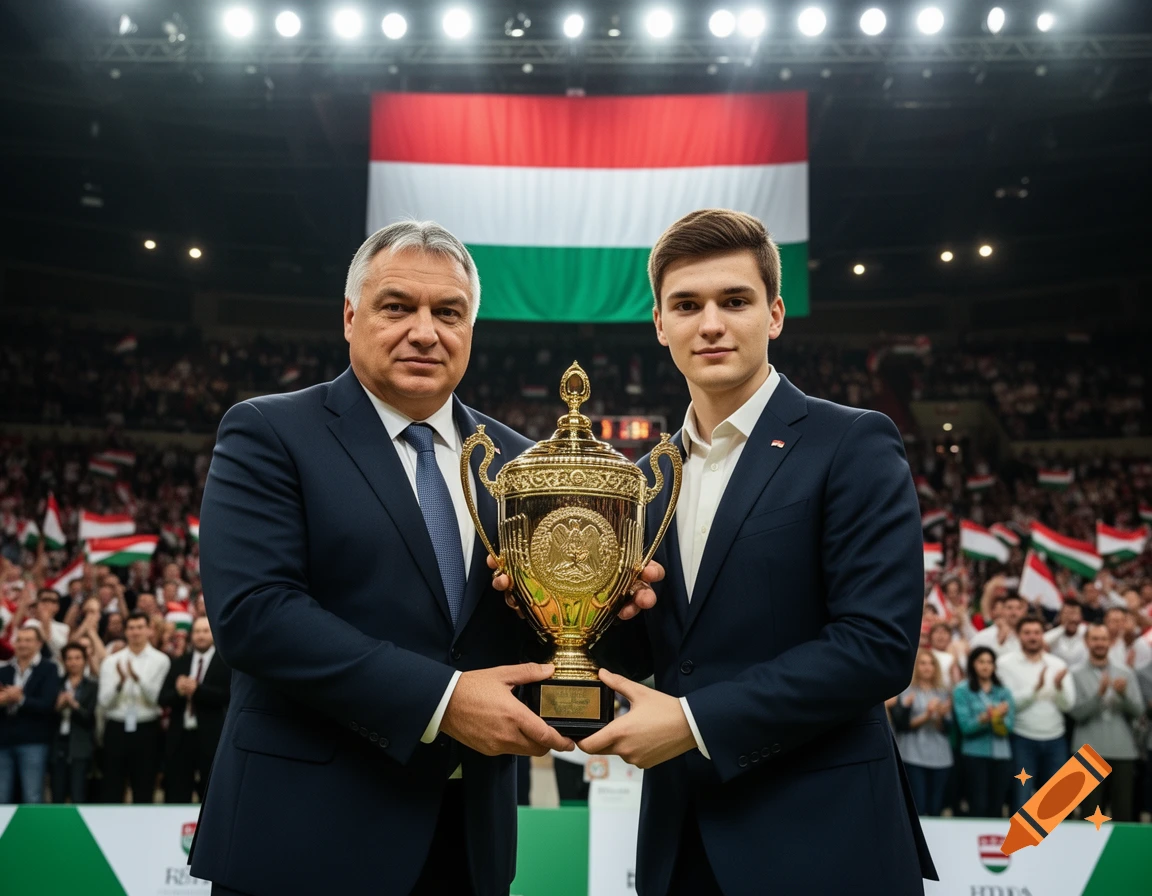 Two men in suits, Viktor Orbán and Péter Magyar, stand holding a golden trophy in an arena with a large Hungarian flag in the background and a cheering crowd.