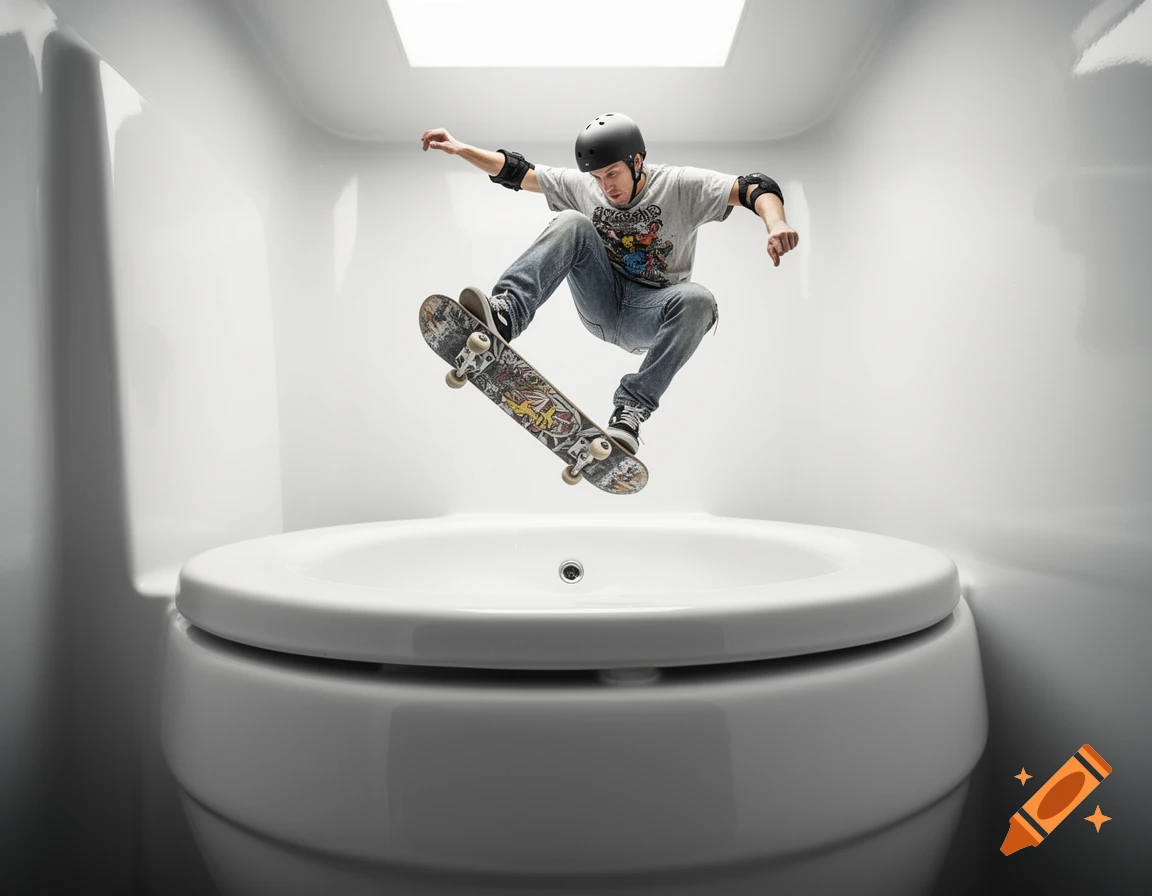 A male skateboarder wearing a helmet and pads performs a trick over a large white toilet in a minimalist room.