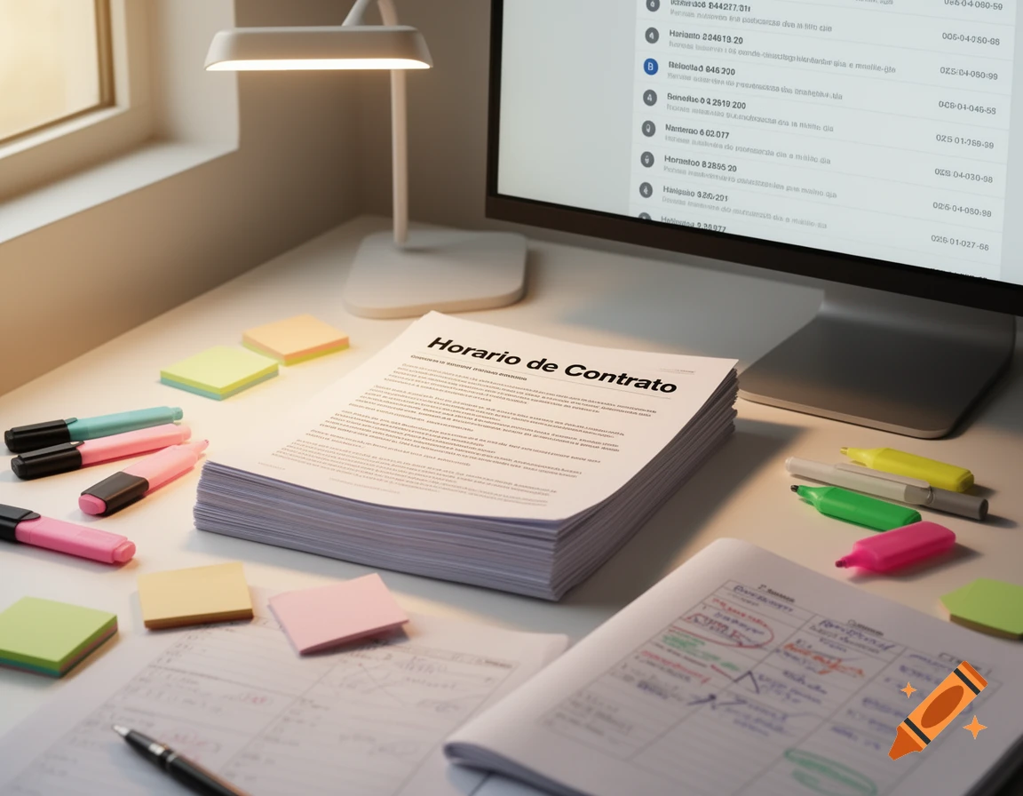 A neat desk with a stack of contract documents titled "Horario de Contrato," highlighters, sticky notes, and a computer monitor showing an email list.