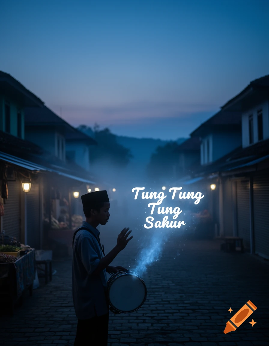 A young person playing a drum on a foggy, dark street with glowing text 'Tung Tung Tung Sahur'.