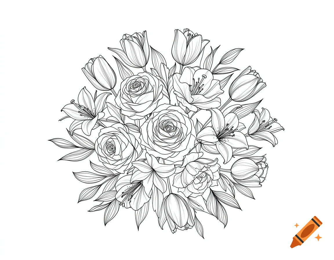 A line drawing of a floral bouquet featuring roses, tulips, and lilies.
