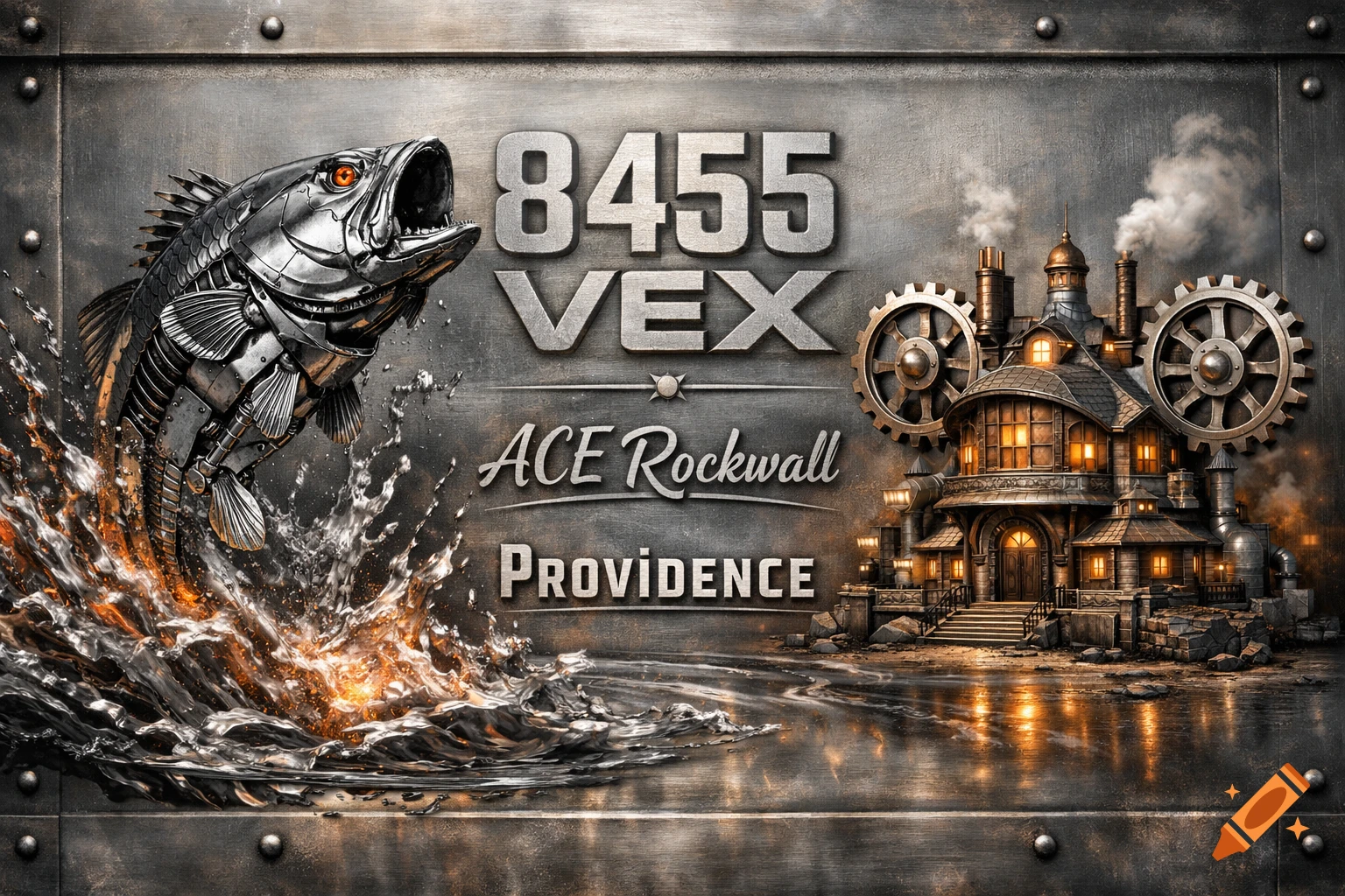 A steampunk-style image featuring a metallic robotic bass leaping from water, a clubhouse with gears, and text '8455 VEX', 'ACE Rockwall', 'Providence' on a metal background.