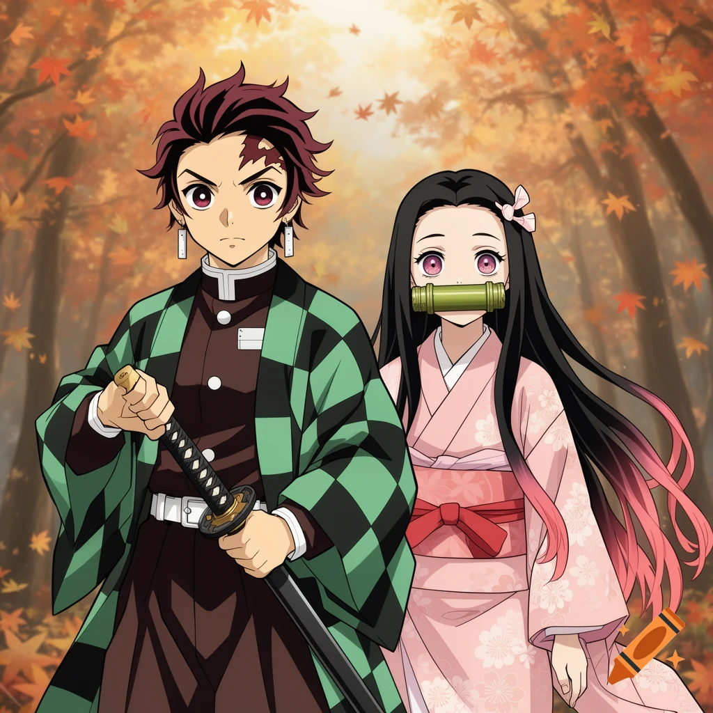 Anime characters Tanjiro with a katana and Nezuko with a bamboo muzzle standing in an autumn forest.