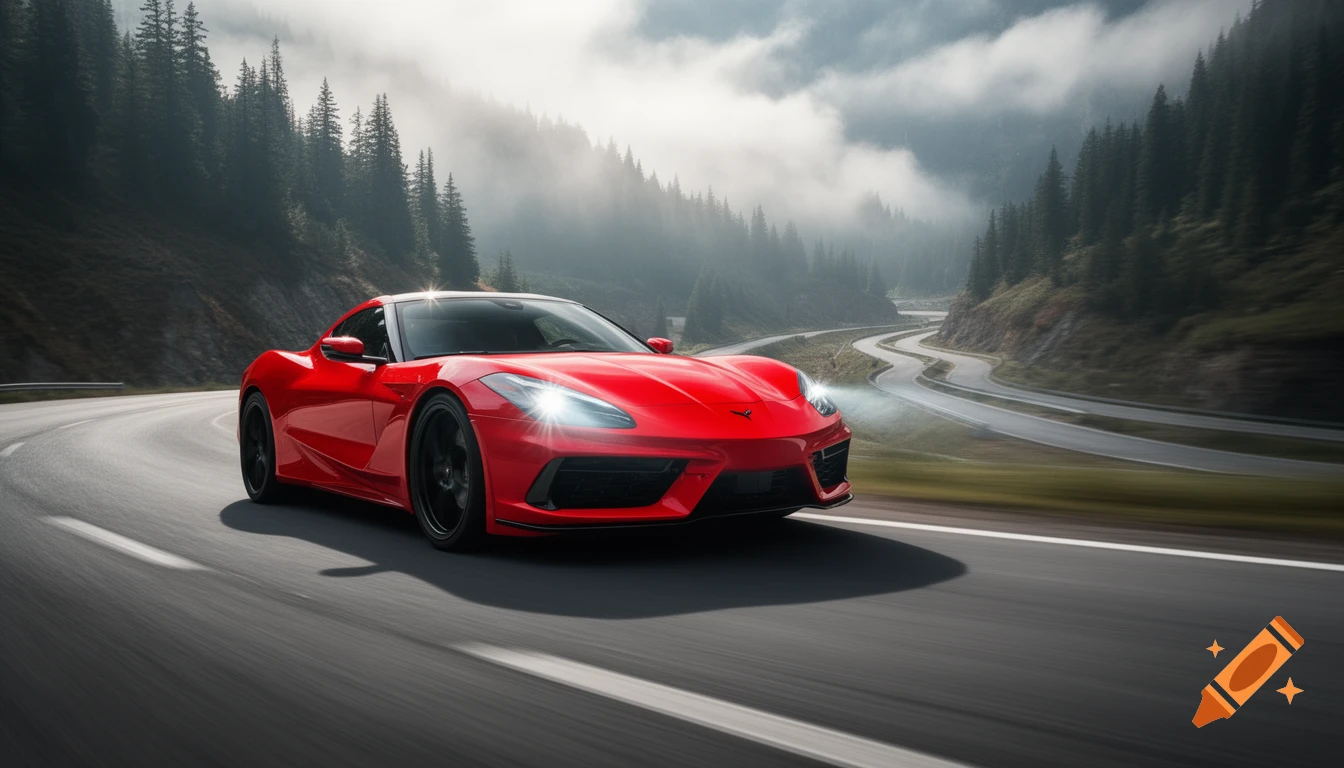 A vibrant red sports car with glowing LED headlights speeds along a winding mountain road through a misty forest.