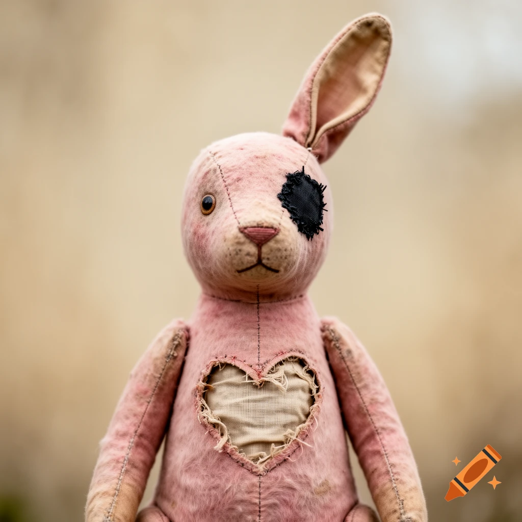 A photorealistic pink stuffed rabbit with a black eye patch, one ear up, and a heart-shaped cutout on its chest revealing inner fabric.