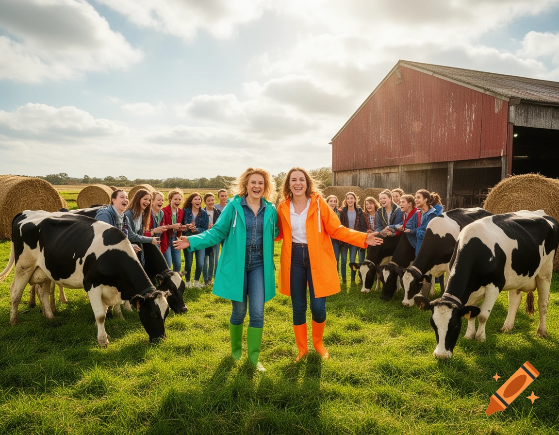 Two smiling women in bright raincoats and a group of students interact with cows in a grassy field with a red barn and hay bales under a cloudy sky.