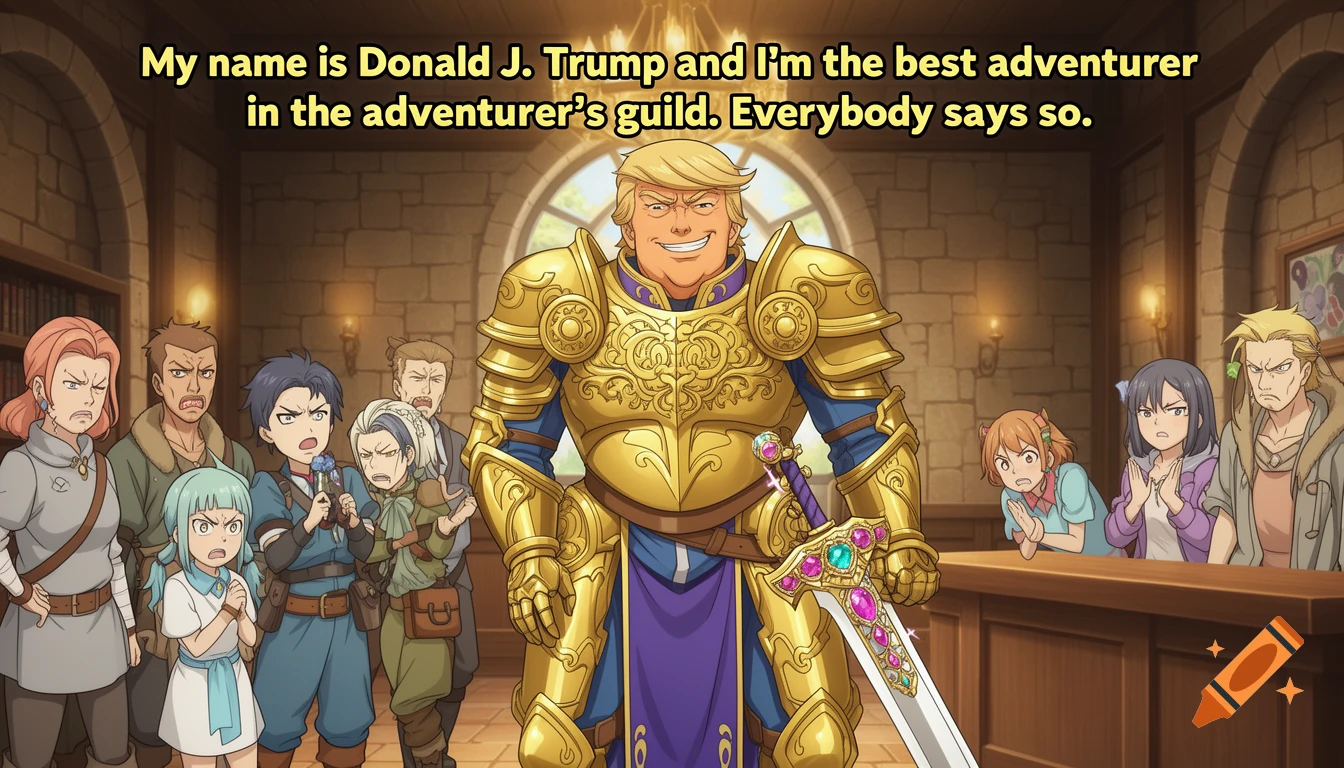 Anime style Donald Trump in golden knight armor, holding a jeweled sword, standing smugly in an adventurer's guild while other characters look on with disgust. Text at the top reads: "My name is Donald J. Trump and I'm the best adventurerer in the adventurer's guild. Everybody says so."