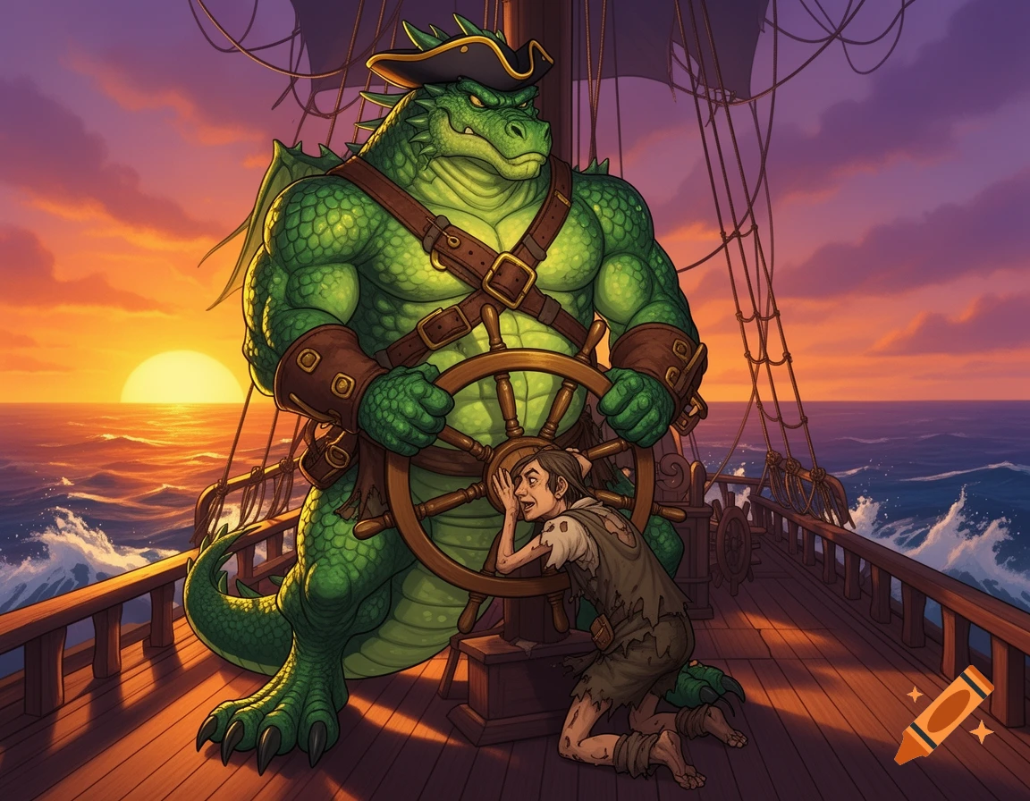 A muscular green dragon pirate at a ship's helm, with a small man kneeling and listening to its stomach, at sunset. Illustrated.