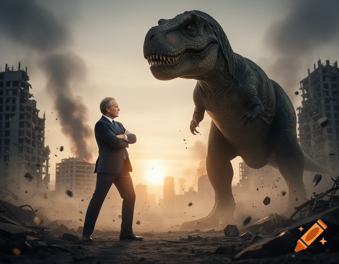 A man in a suit faces a huge T-Rex in a ruined city with smoke and dust at sunset, photorealistic style.