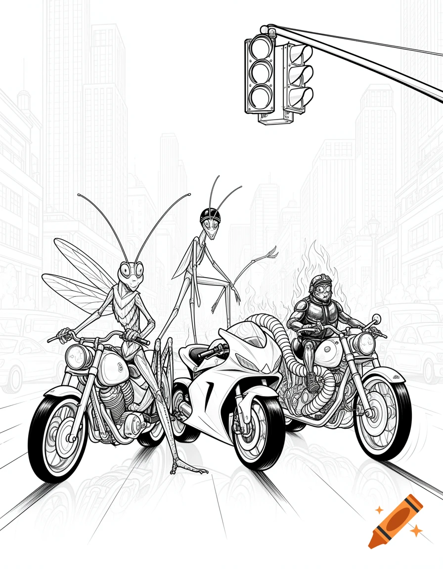 Black and white line art of a grasshopper, a praying mantis, and a fire creature on motorcycles stopped at a city traffic light.