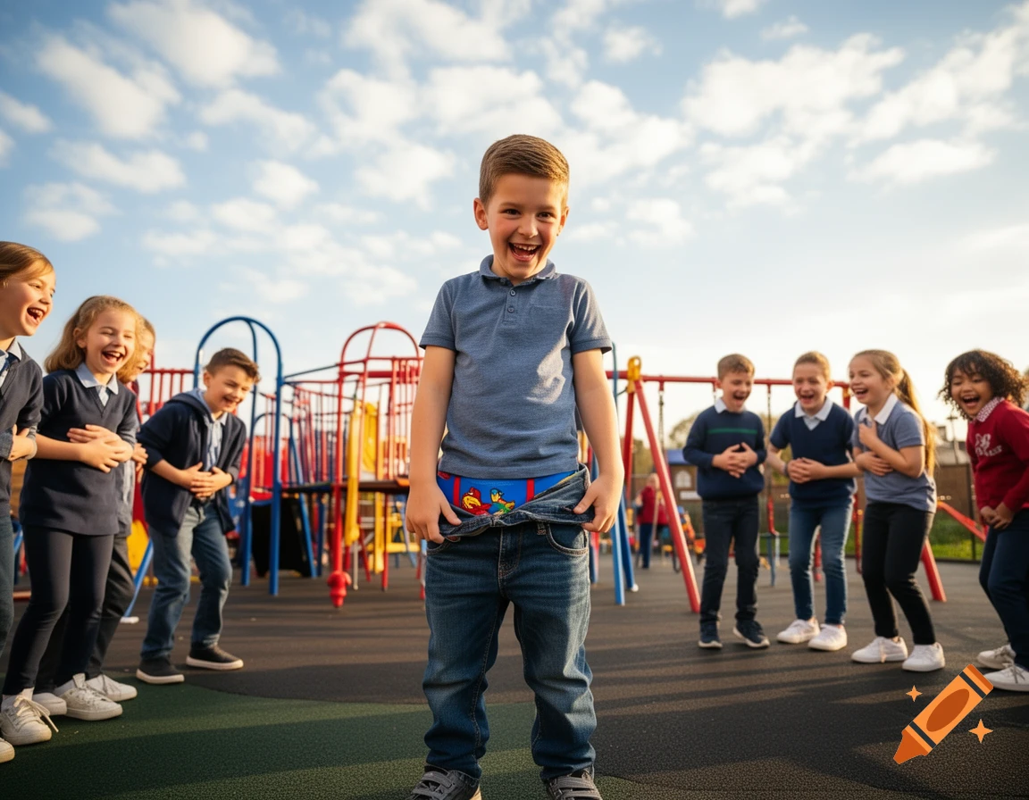 A smiling boy in a blue shirt and jeans stands at a playground, pulling down his jeans to reveal superhero underwear, while other children around him laugh.