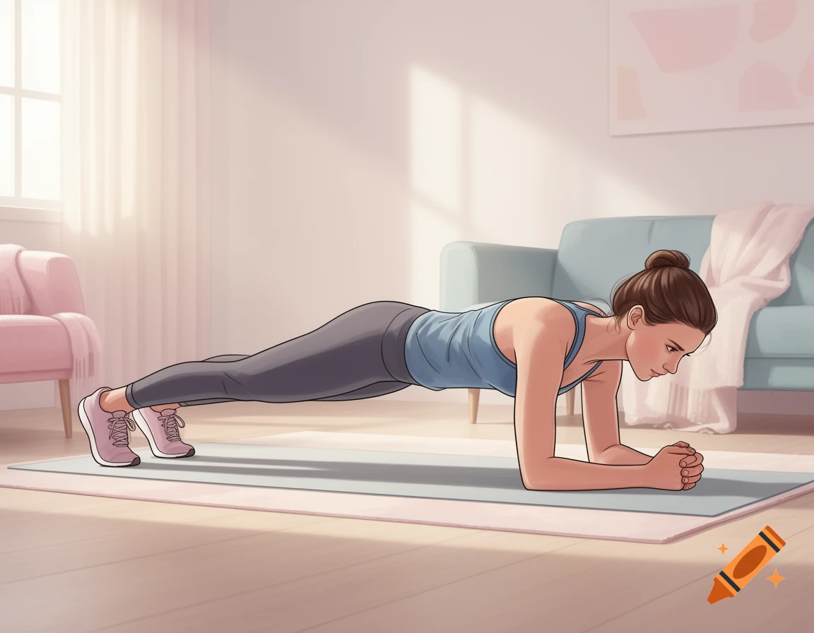 A woman with a bun performs a plank exercise on a mat in a brightly lit home, illustrated in a clean style.