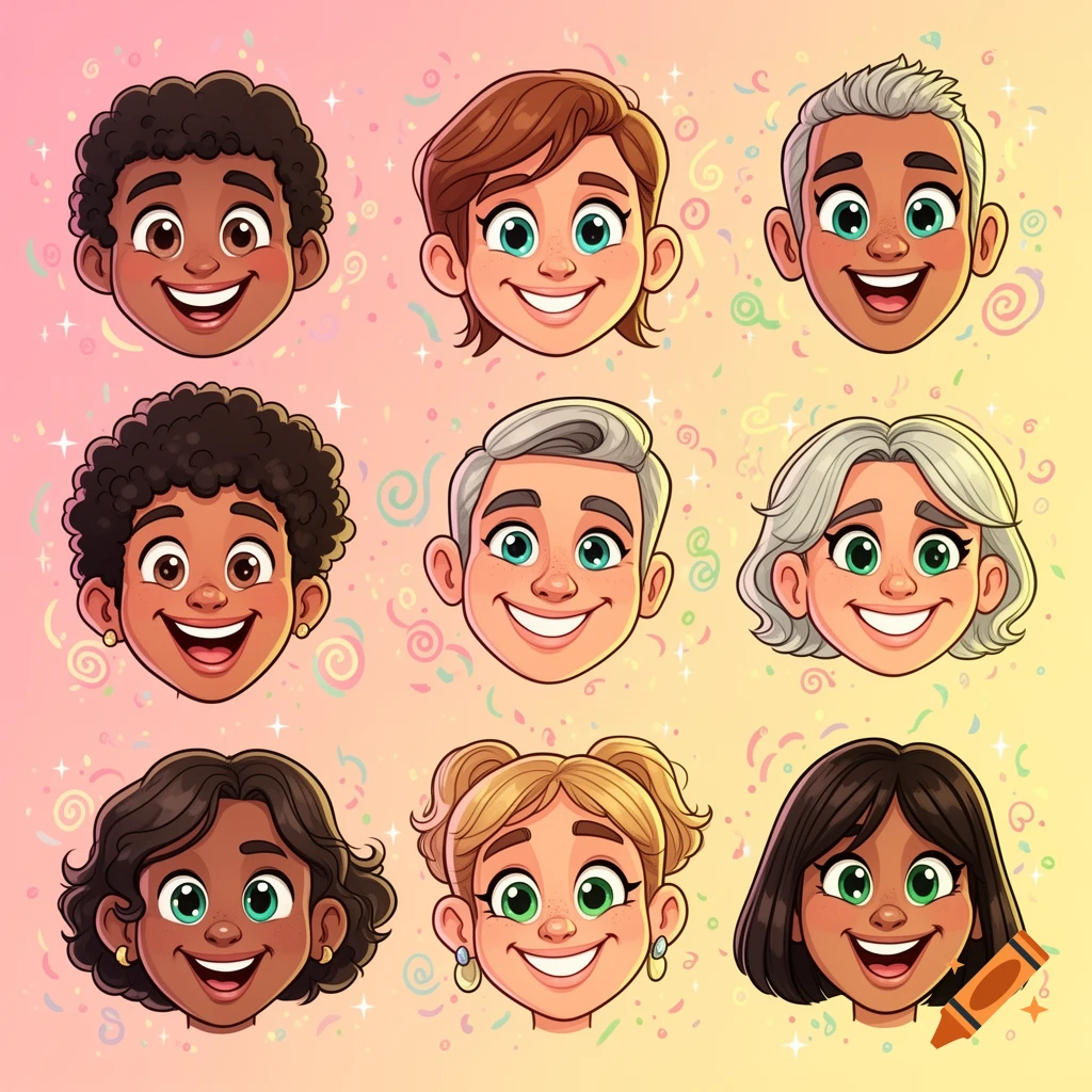 Nine diverse smiling cartoon faces in a grid on a colorful background with confetti.