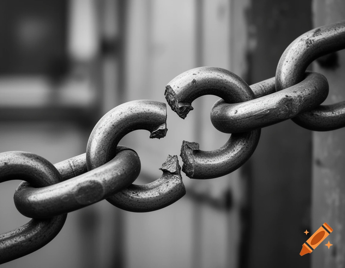 Photorealistic black and white close-up of a heavy metal chain with one link snapped apart.