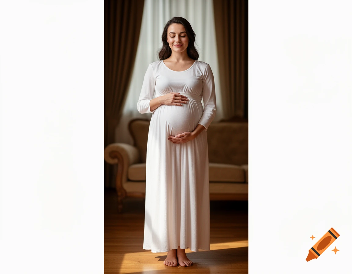 A smiling pregnant woman in a white dress gently cradles her belly in a warm, sunlit room.