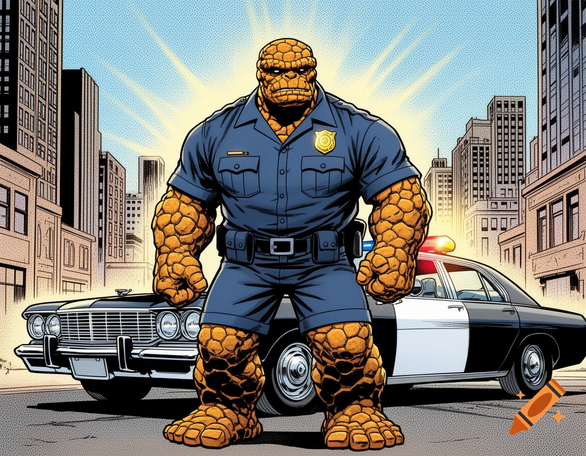Marvel's The Thing in a police uniform stands in front of a police car in a city, depicted in a comic art style.