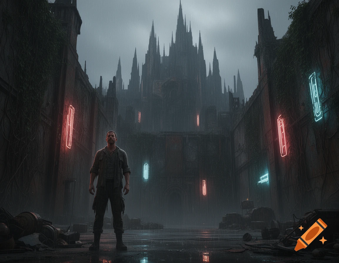 A man stands in the rain before a towering, dark dystopian castle with vibrant neon signs on crumbling walls.
