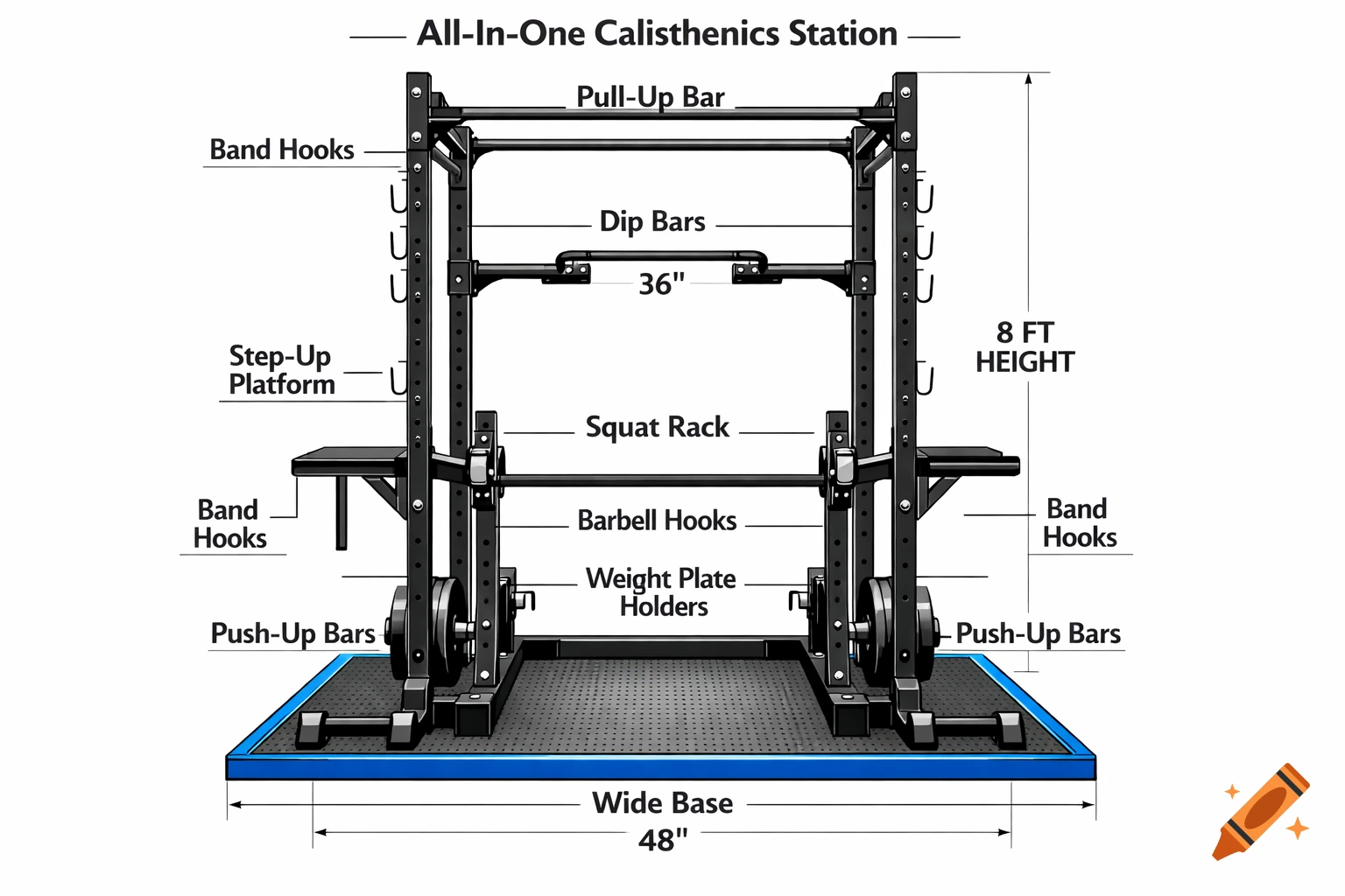A detailed black and blue technical blueprint of an all-in-one calisthenics station, with labeled components and measurements.