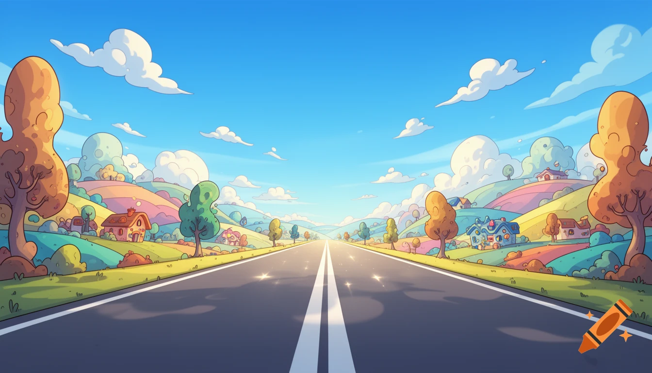 Cartoon road stretching through a vibrant, colorful landscape with rolling hills, trees, and small houses under a blue sky.