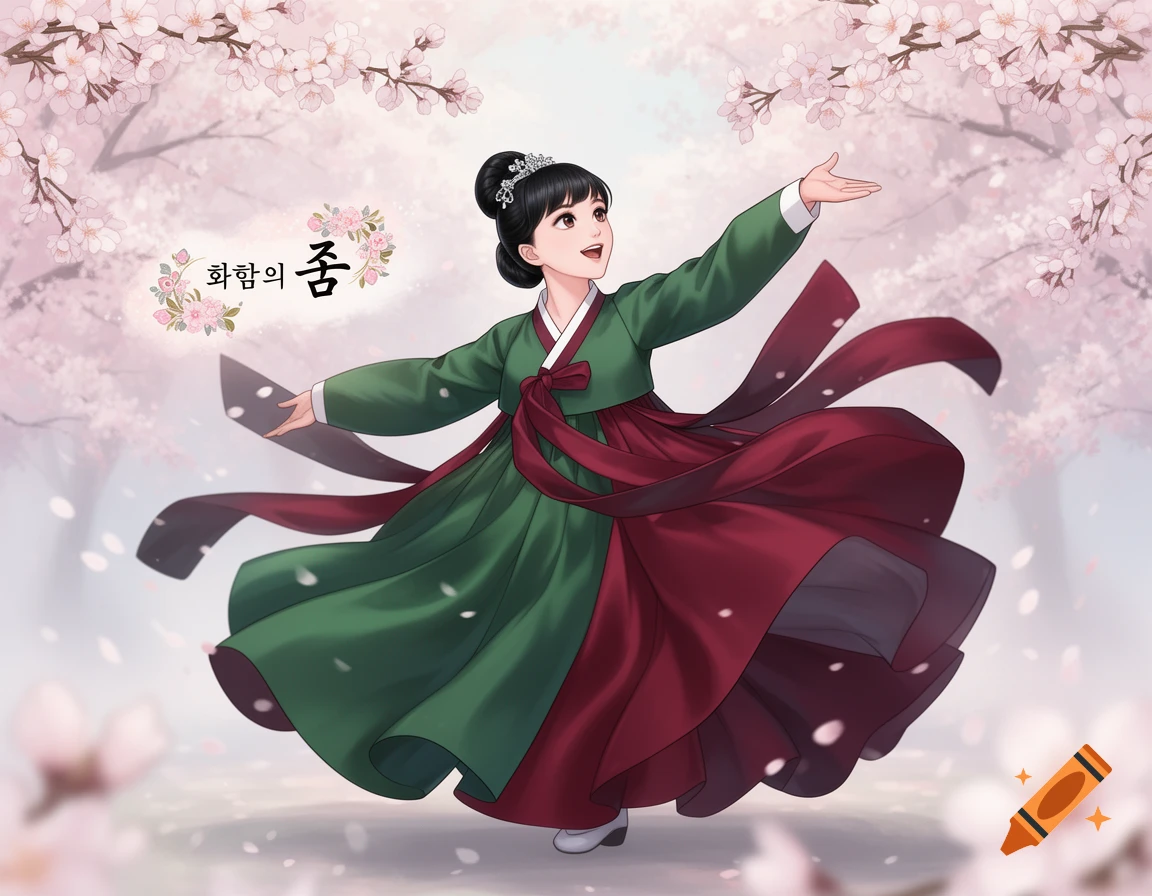 Anime-style girl in a green and red hanbok dancing with arms outstretched under falling pink cherry blossoms.
