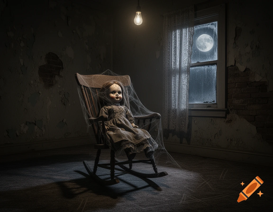 A creepy porcelain doll with a cracked face sits in a web-covered rocking chair in a dark, dilapidated room, lit by a bare bulb and moonlight through a grimy window.