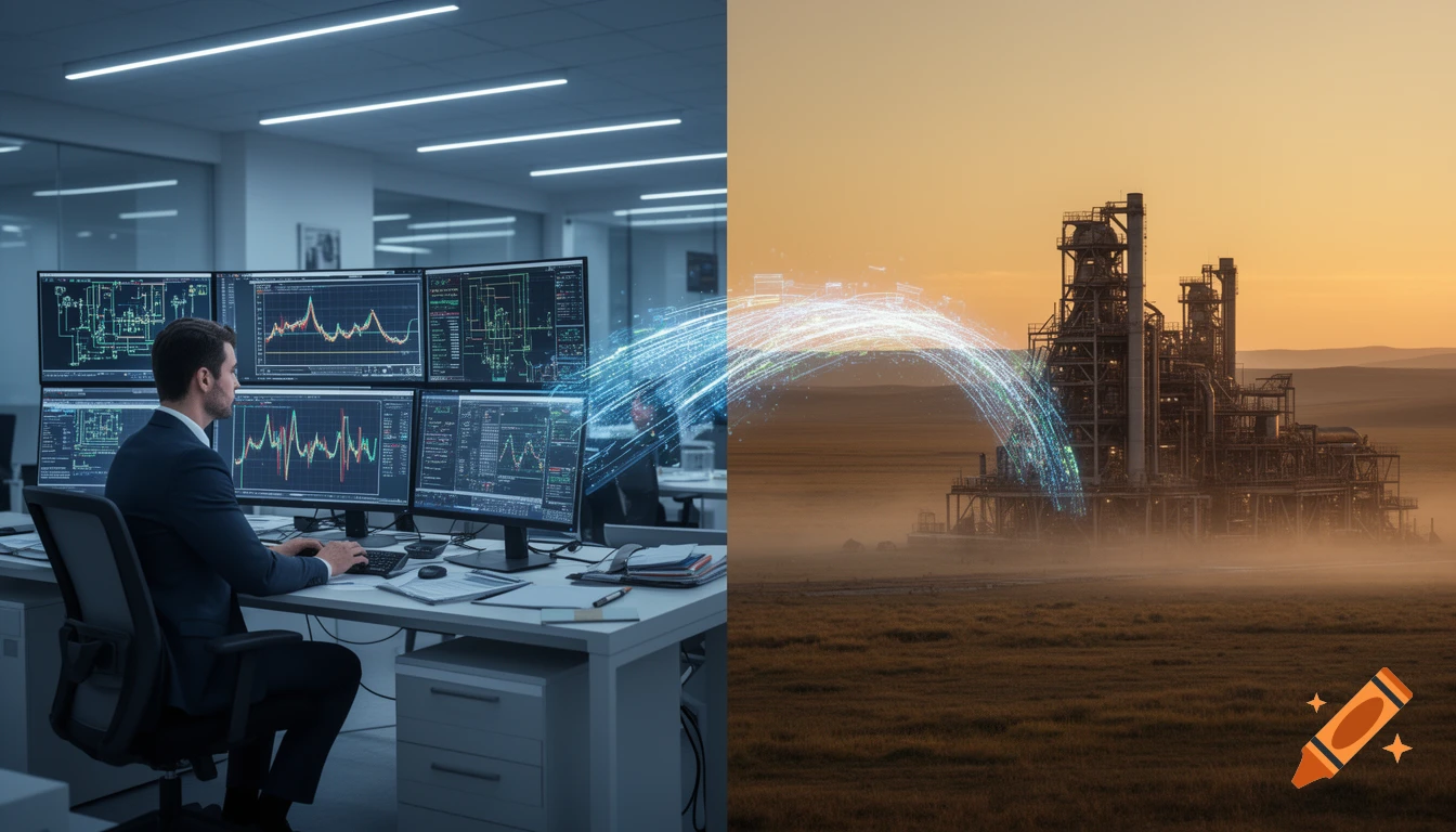 A split image shows a man monitoring data screens in an office on the left, connected by digital streams to an industrial plant in a steppe on the right.