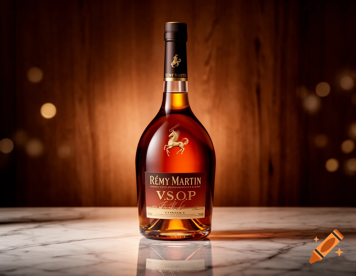 A photorealistic shot of a Rémy Martin V.S.O.P cognac bottle on a marble surface with a blurred wooden background.