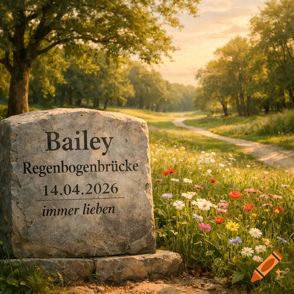 A stone monument inscribed 'Bailey Regenbogenbrücke 14.04.2026 immer lieben' in a sunlit field with wildflowers and a path.