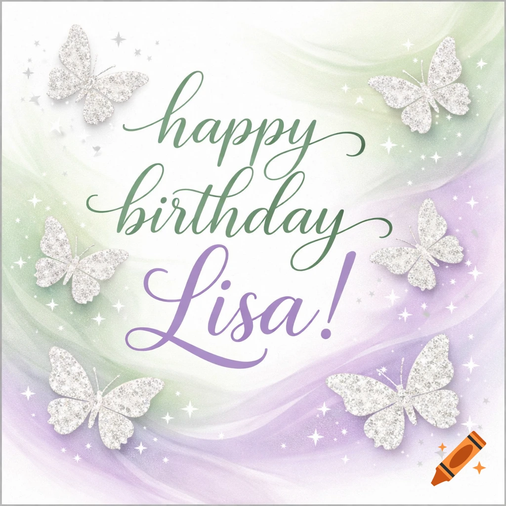 An elegant birthday card with 'happy birthday Lisa!' in green and purple script, surrounded by glittery white butterflies on a soft green and purple background.