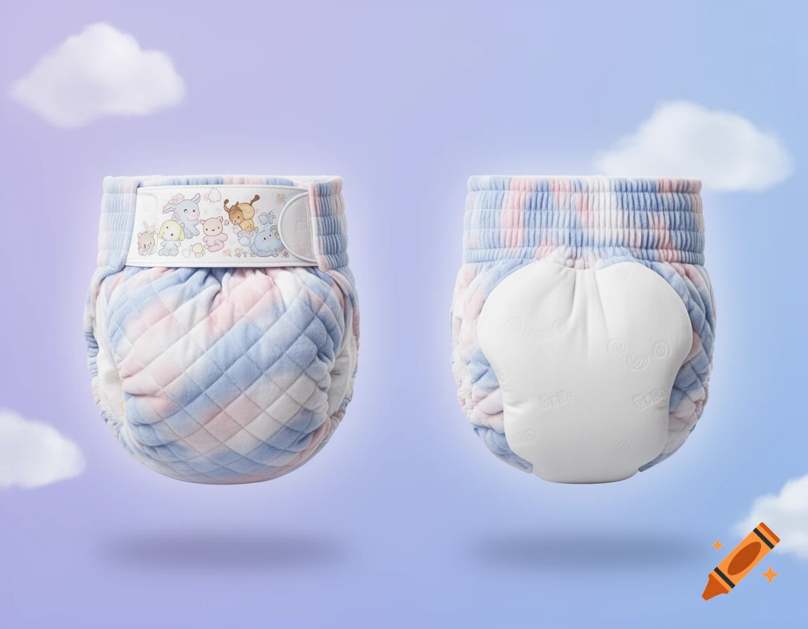 Front and rear view of a big, padded diaper with a pink and blue tie-dye pattern and cartoon animals on the band, floating against a blue and purple sky with clouds.