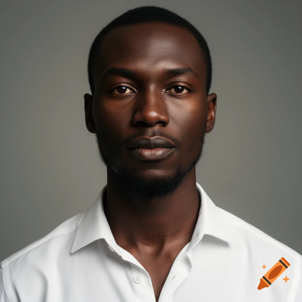 Close-up photorealistic portrait of a Black man in a white shirt against a gray background.