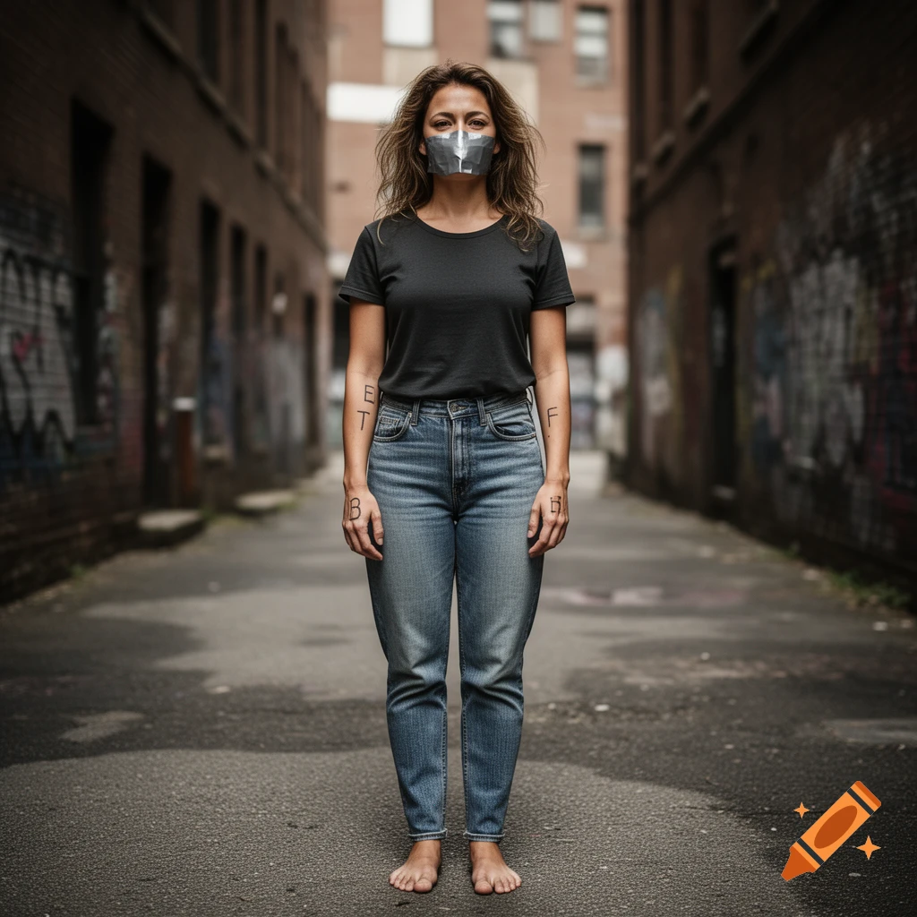 A woman with duct tape over her mouth, wearing a black t-shirt and jeans, stands barefoot in an alley.