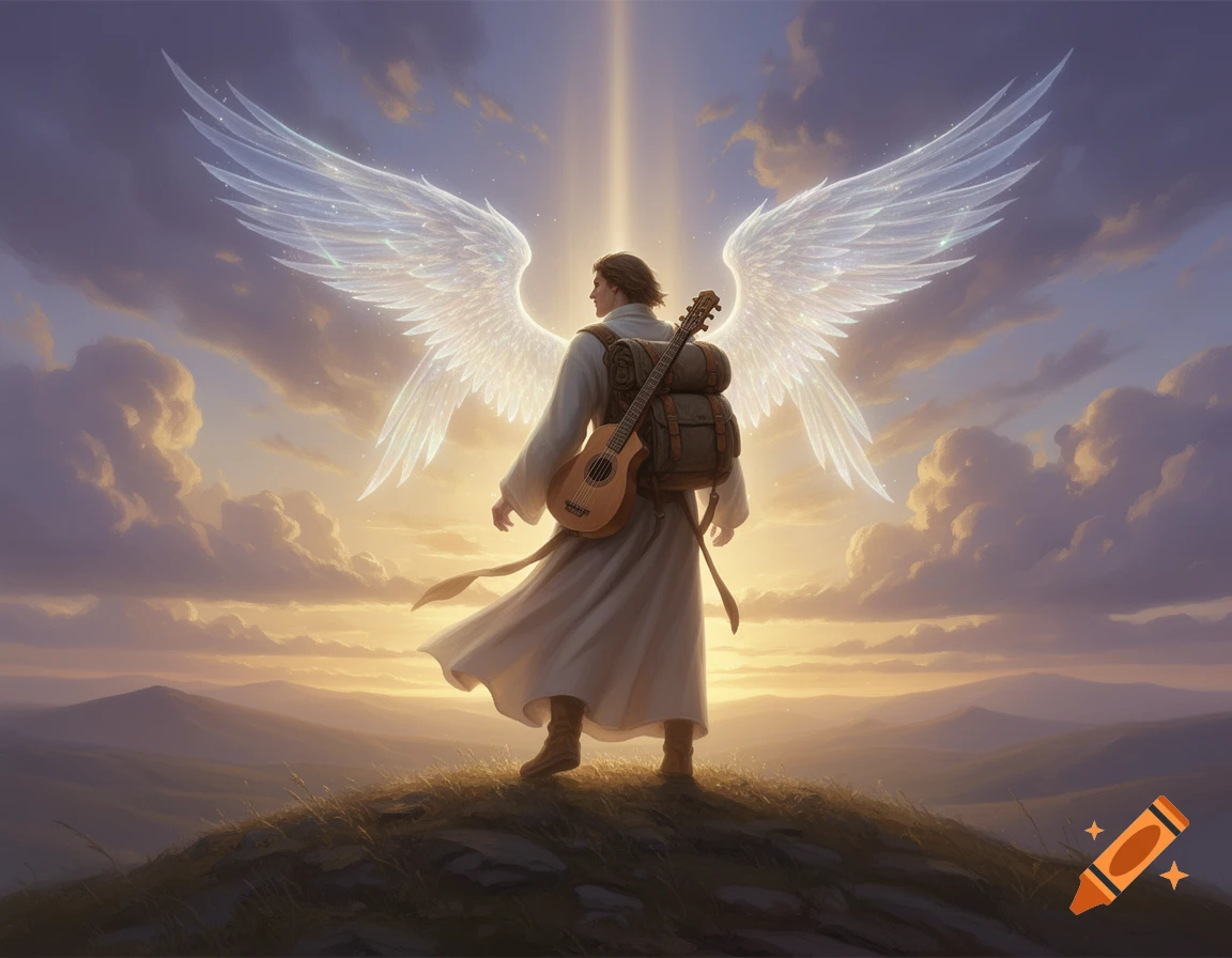 A person with glowing white wings and a guitar on a hill at sunset with divine light in a fantasy art style.
