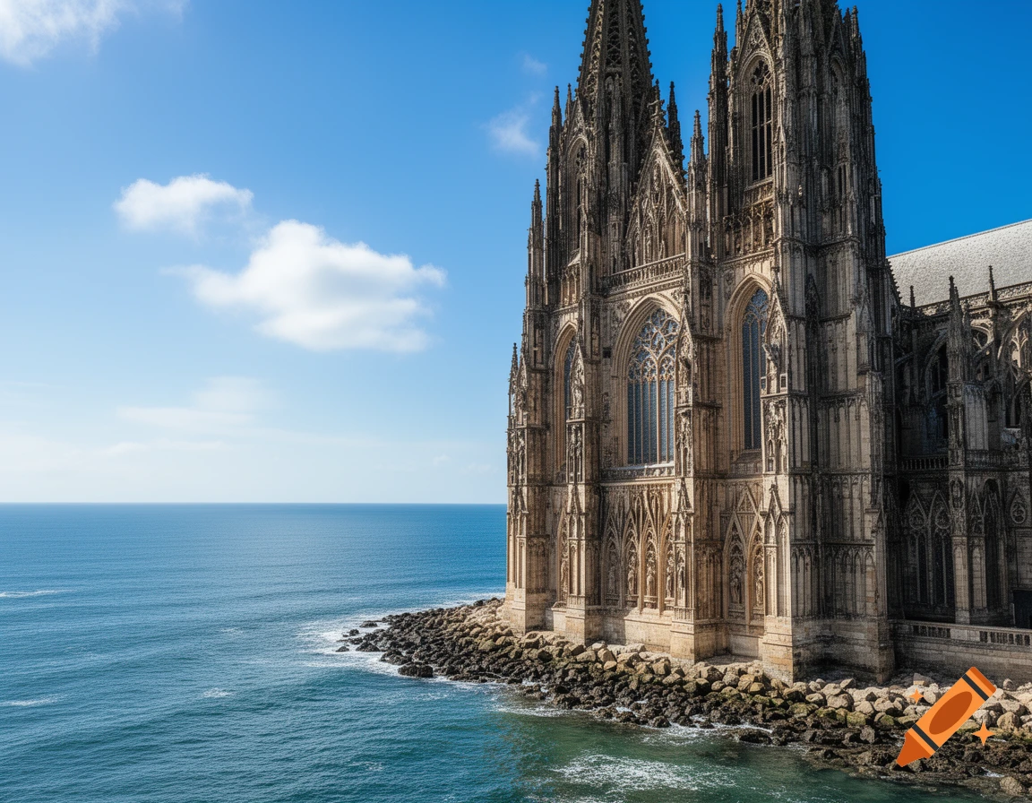 A majestic gothic cathedral with towering spires on a rocky coast overlooking a calm blue sea under a bright sky.